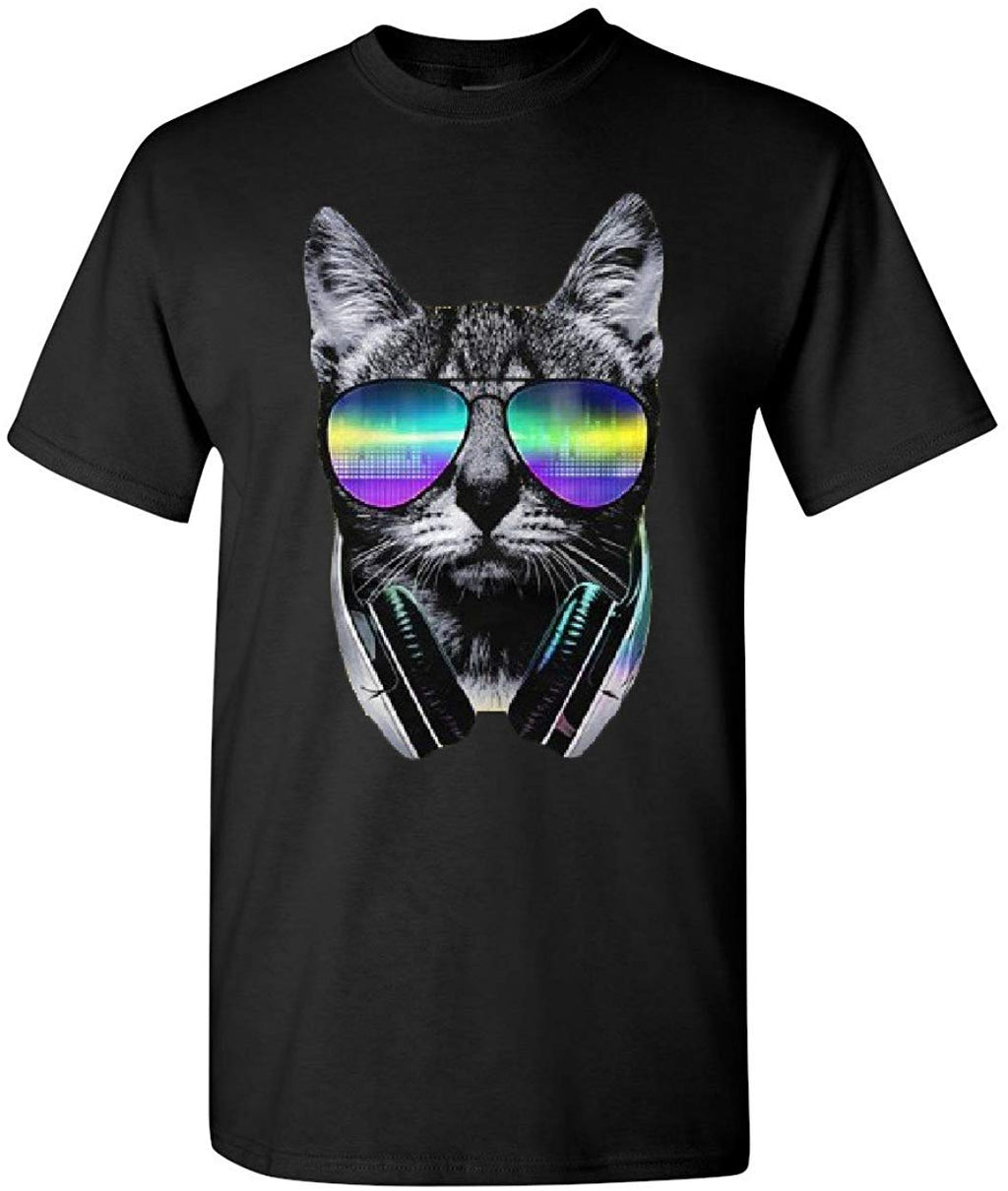 Funny DJ Cat Music Kitten Headphones and Glasses Black T-Shirt