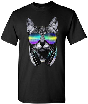 Funny DJ Cat Music Kitten Headphones and Glasses Black T-Shirt