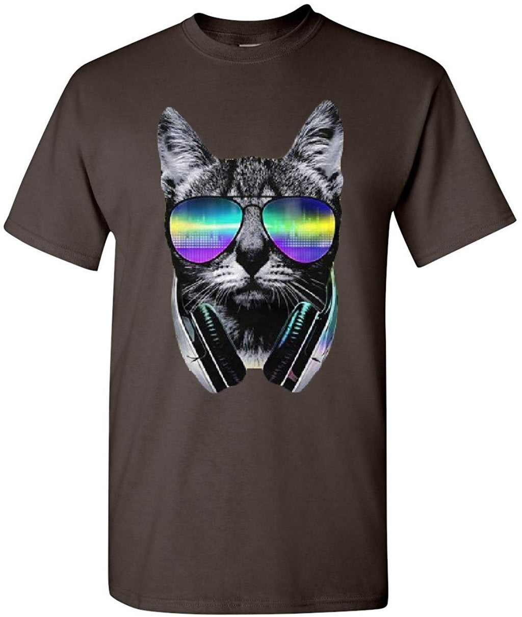 Funny DJ Cat Music Kitten Headphones and Glasses Brown T-Shirt