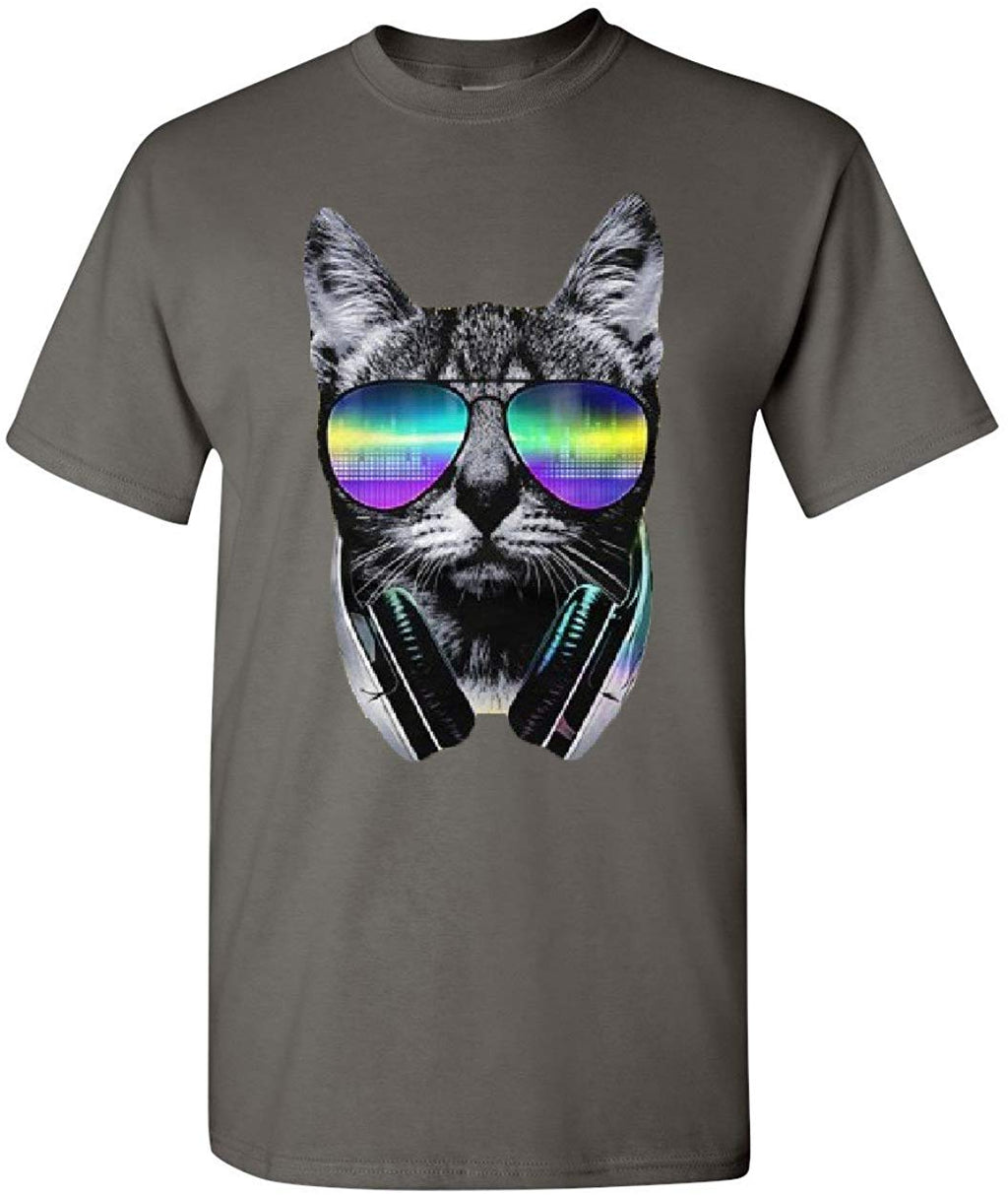 Funny DJ Cat Music Kitten Headphones and Glasses Charcoal T-Shirt