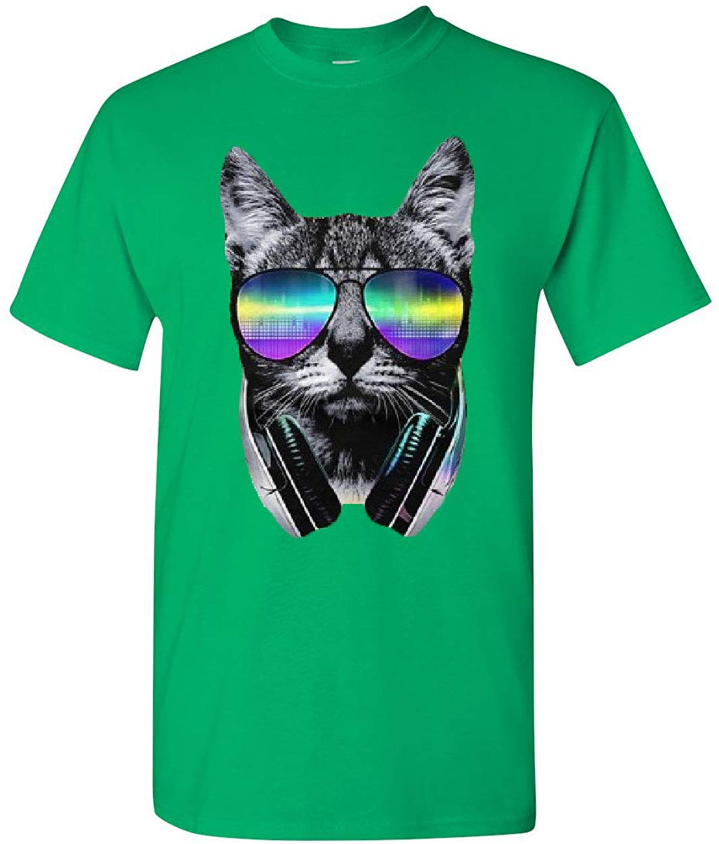 Funny DJ Cat Music Kitten Headphones and Glasses Green T-Shirt
