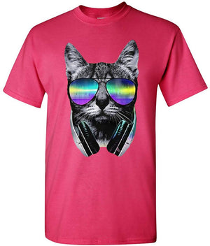 Funny DJ Cat Music Kitten Headphones and Glasses Hot Pink T-Shirt