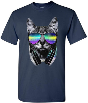 Funny DJ Cat Music Kitten Headphones and Glasses Navy Blue T-Shirt