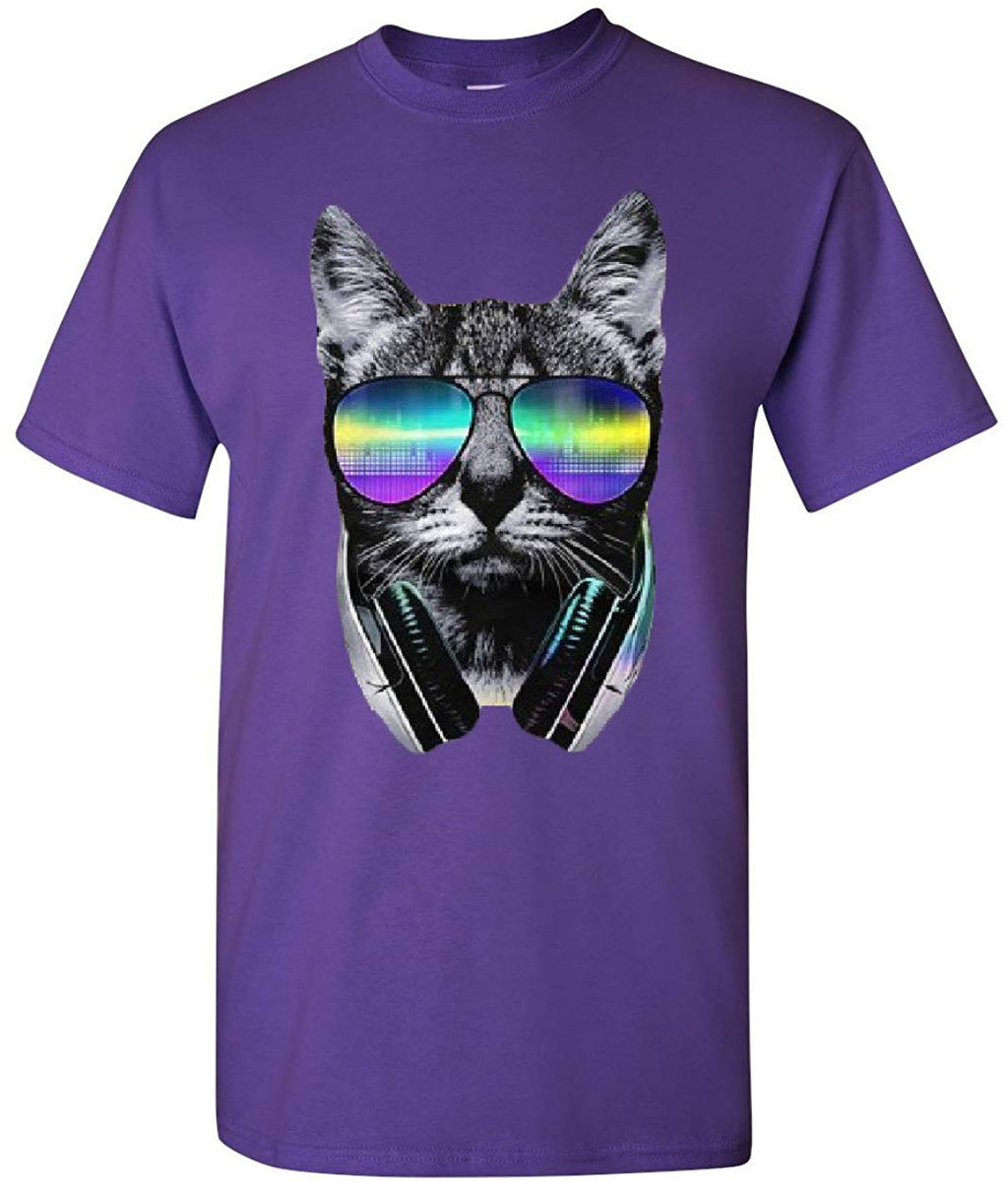 Funny DJ Cat Music Kitten Headphones and Glasses Purple T-Shirt