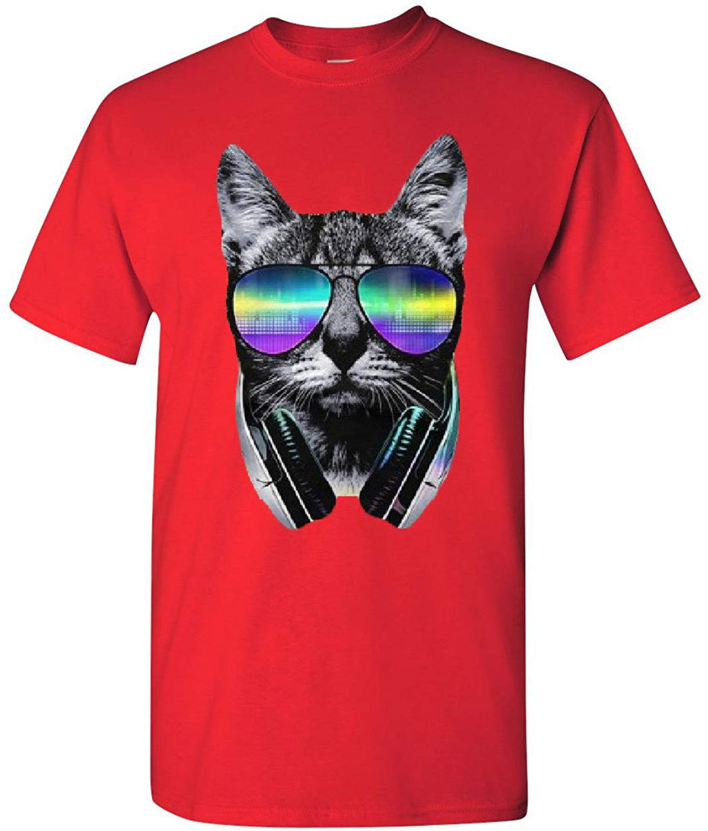Funny DJ Cat Music Kitten Headphones and Glasses Red T-Shirt