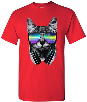 Funny DJ Cat Music Kitten Headphones and Glasses Red T-Shirt