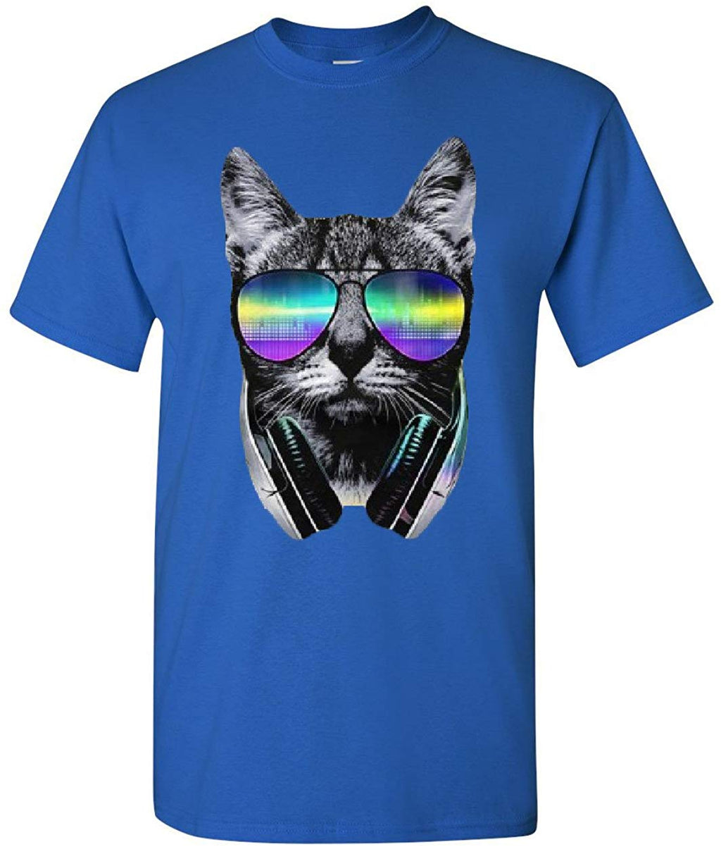 Funny DJ Cat Music Kitten Headphones and Glasses Royal Blue T-Shirt