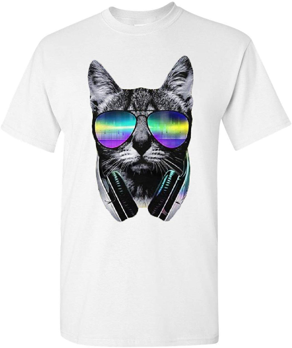 Funny DJ Cat Music Kitten Headphones and Glasses White T-Shirt