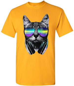 Funny DJ Cat Music Kitten Headphones and Glasses Yellow T-Shirt