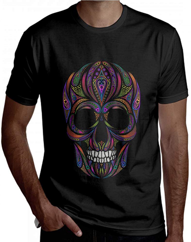 Graphic Men Colorful Skull Retro Popular Decor Short Sleeve Men Black T-Shirt