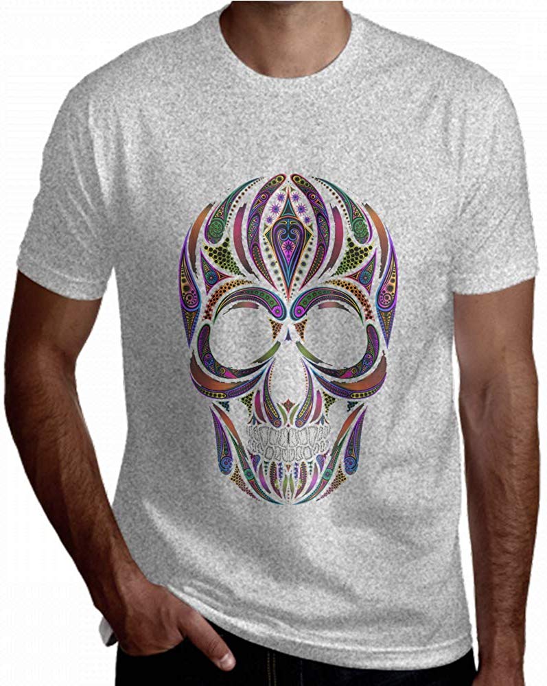 Graphic Men Colorful Skull Retro Popular Decor Short Sleeve Men Gray T-Shirt