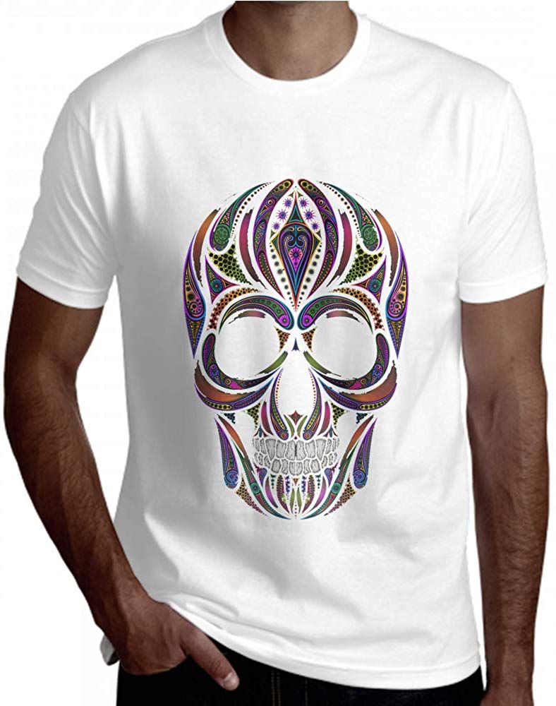 Graphic Men Colorful Skull Retro Popular Decor Short Sleeve Men White T-Shirt