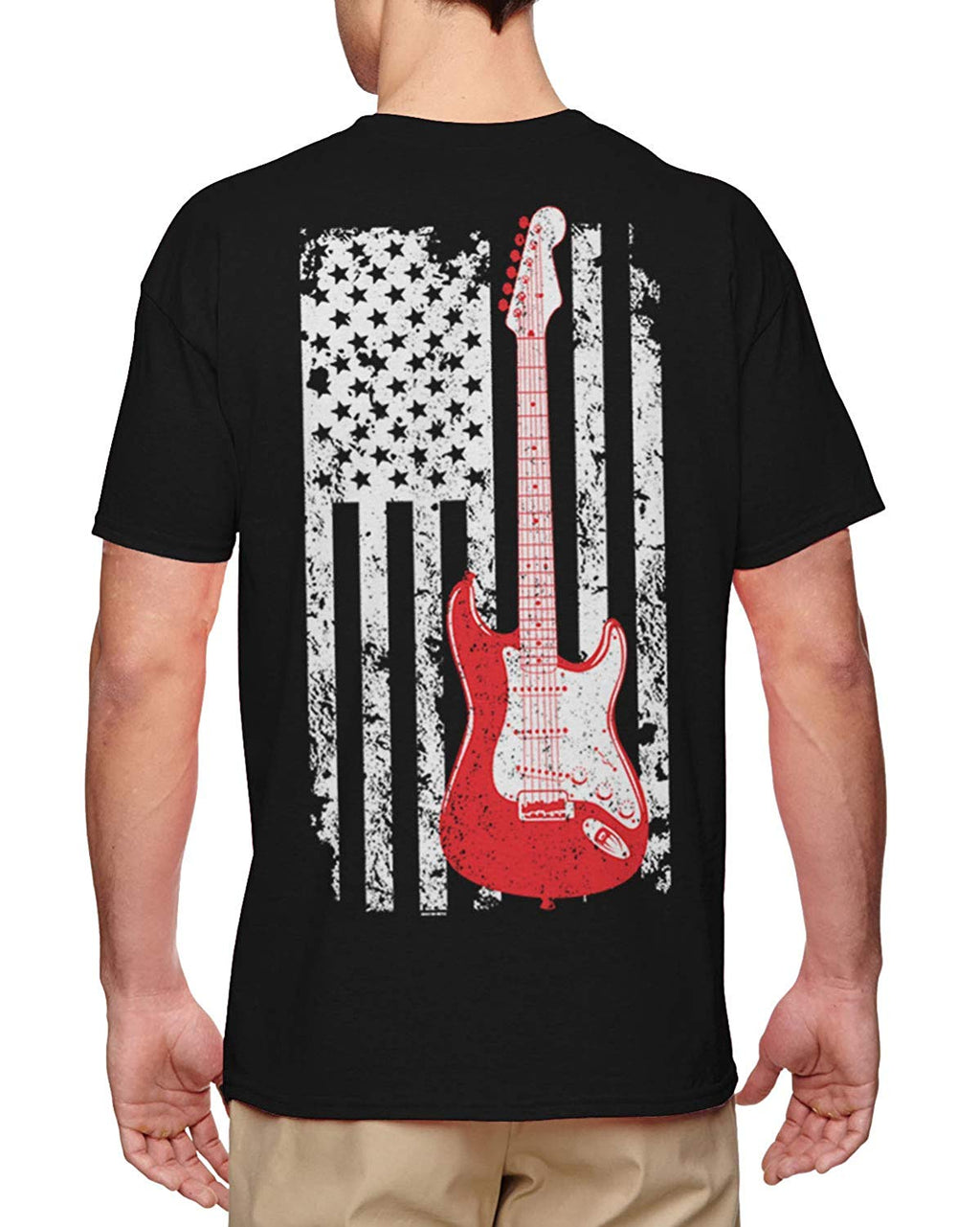 Guitar American Flag Musician Guitarist Men's Black-Back Print T-Shirt