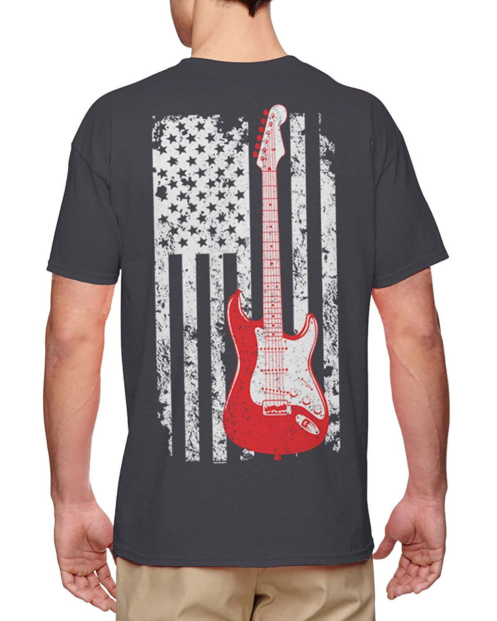 Guitar American Flag Musician Guitarist Men's Charcoal-Back Print T-Shirt