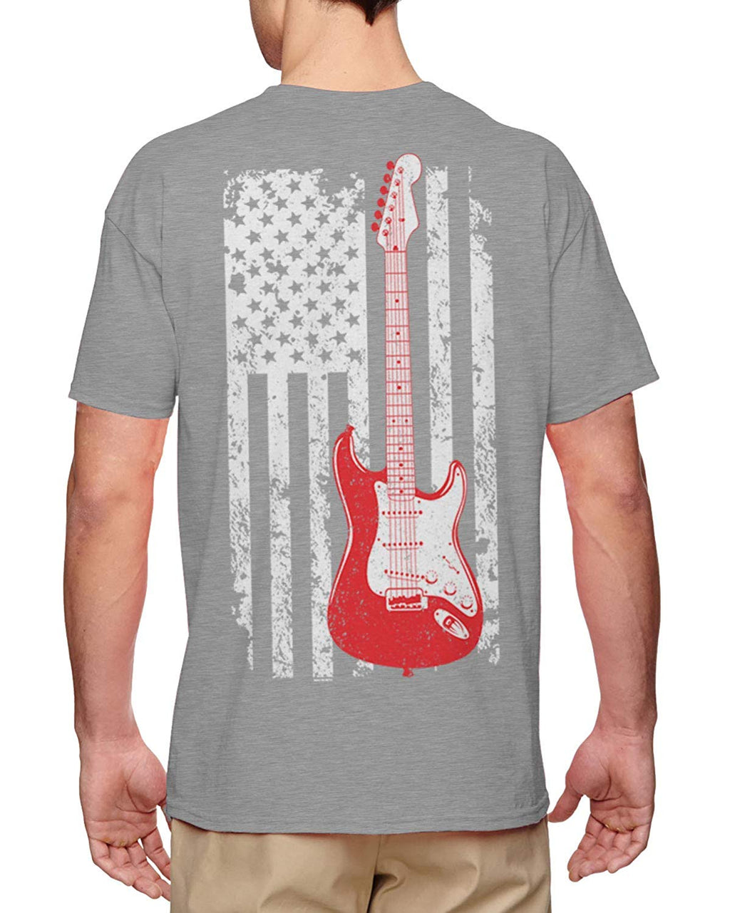 Guitar American Flag Musician Guitarist Men's Light Gray-Back Print T-Shirt