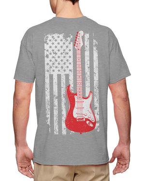 Guitar American Flag Musician Guitarist Men's Light Gray-Back Print T-Shirt