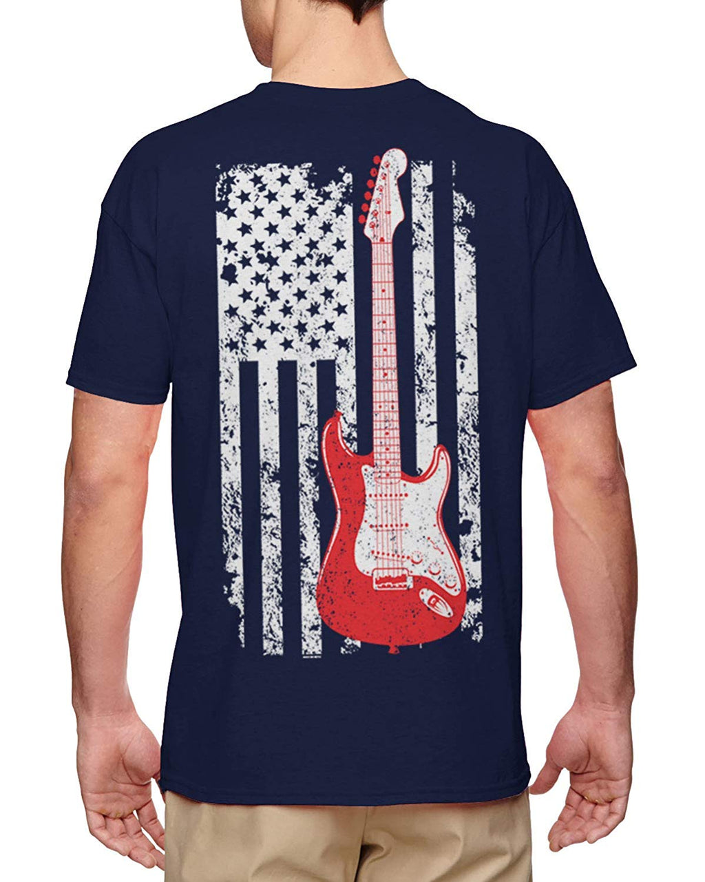 Guitar American Flag Musician Guitarist Men's Navy-Back Print T-Shirt