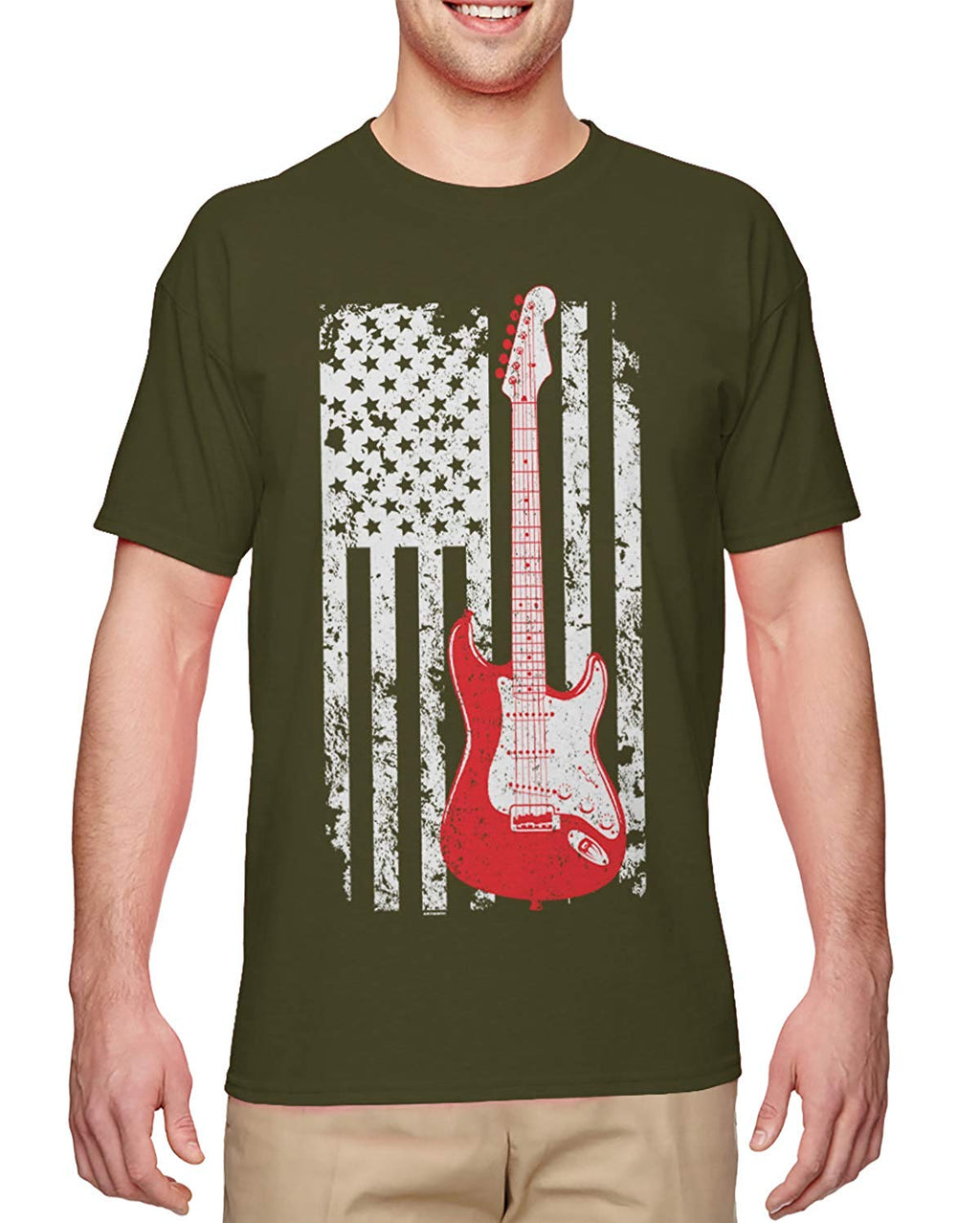 Guitar American Flag Musician Guitarist Men's Olive T-Shirt