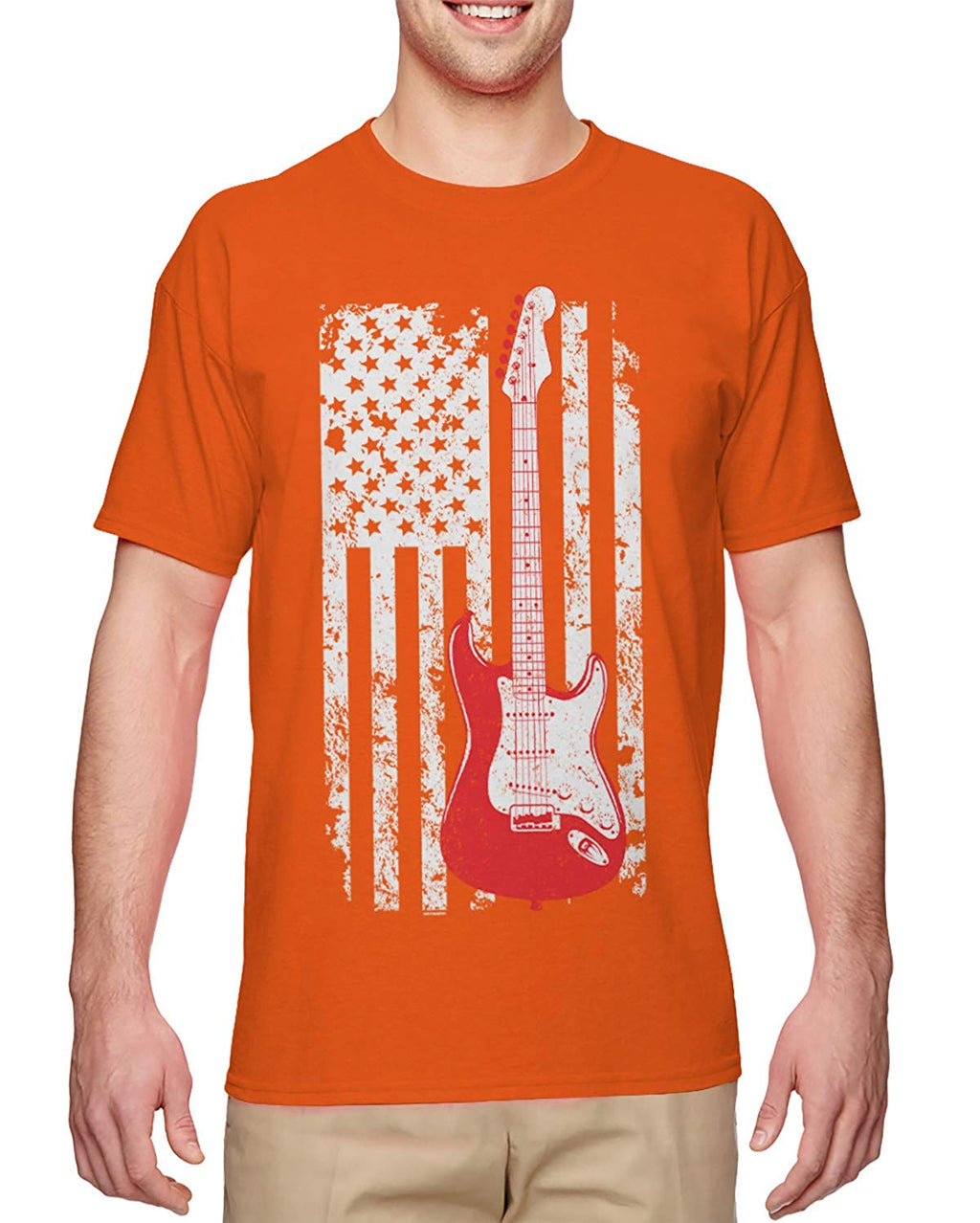 Guitar American Flag Musician Guitarist Men's Orange T-Shirt