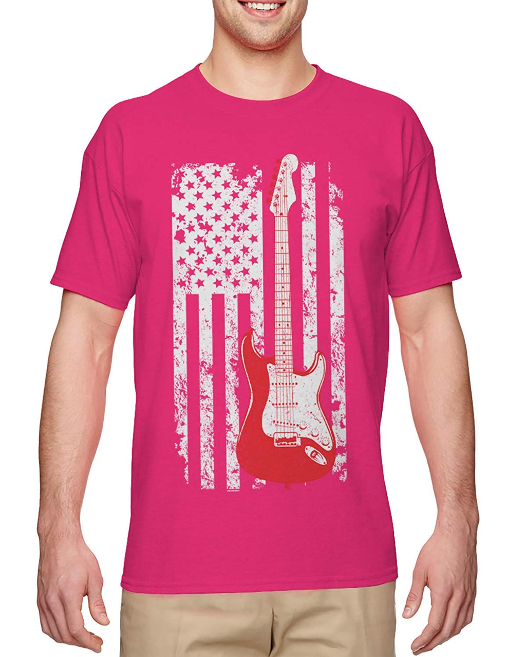 Guitar American Flag Musician Guitarist Men's Pink T-Shirt