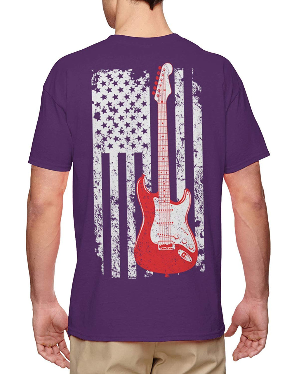 Guitar American Flag Musician Guitarist Men's Purple-Back Print T-Shirt