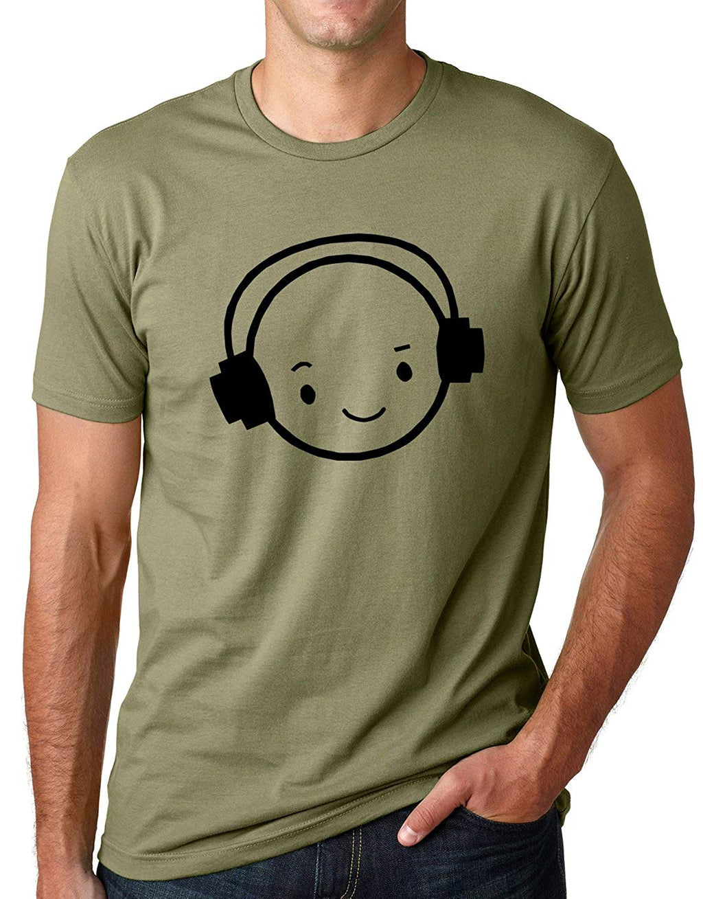 Happy Face DJ Funny Music Headphones Olive T-Shirt