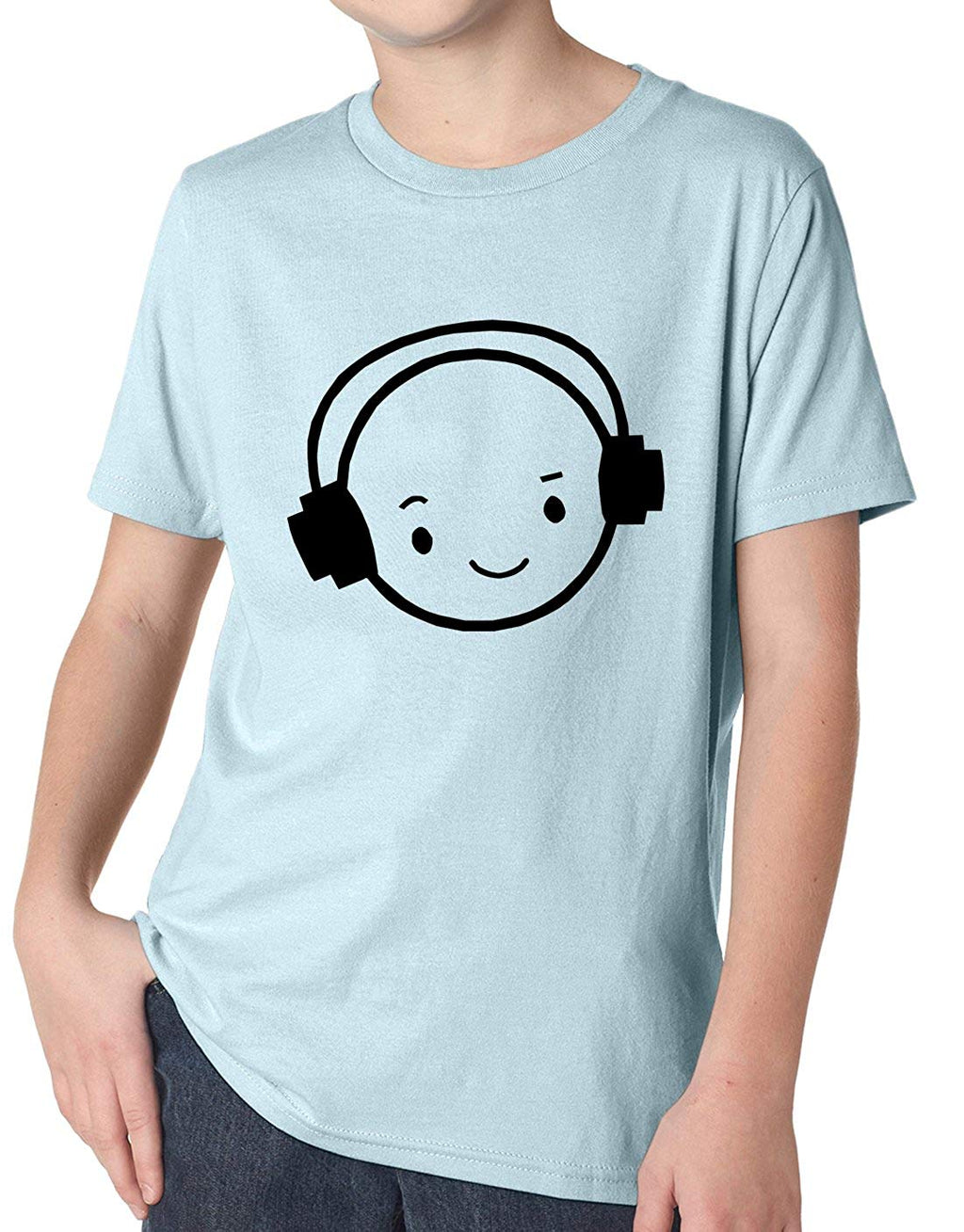 Happy Face DJ Funny Music Headphones Youth Light Blue T-Shirt