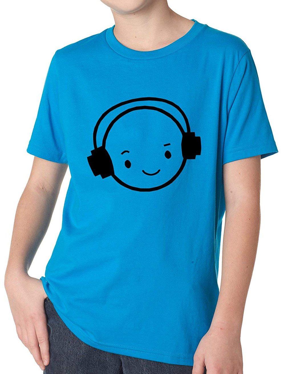 Happy Face DJ Funny Music Headphones Youth Turquoise T-Shirt