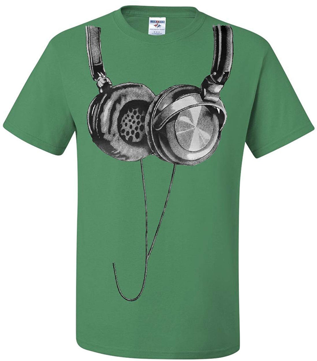 Huge Hanging Headphones DJ Music Green T-Shirt