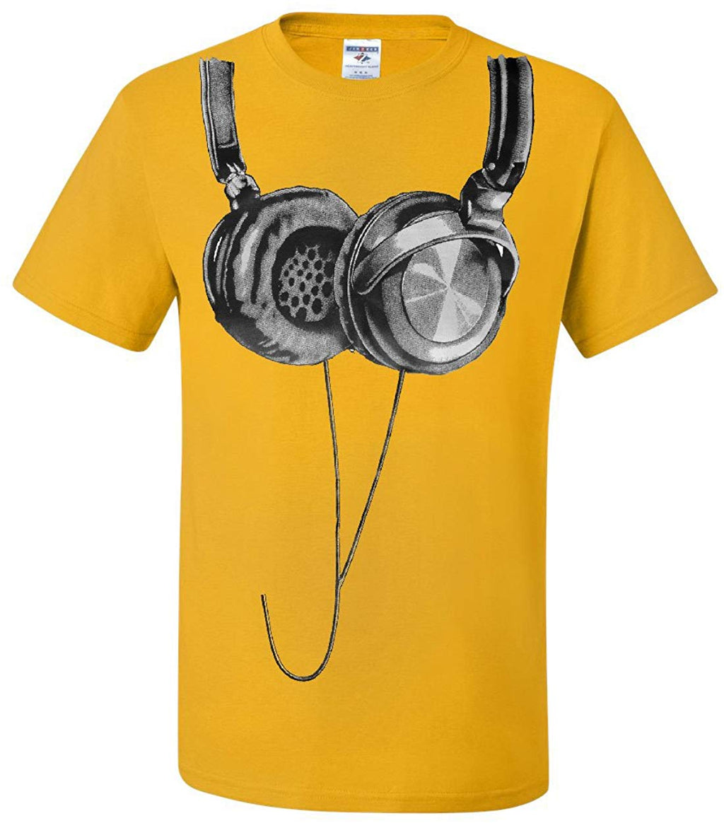 Huge Hanging Headphones DJ Music Yellow T-Shirt