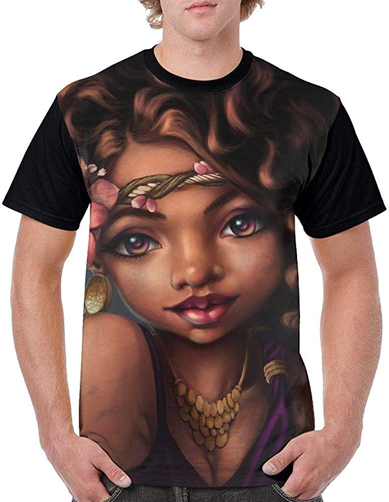 JAXX9 Men's 3D Cute Hair Art-African American Print Short Sleeve Black T-Shirt