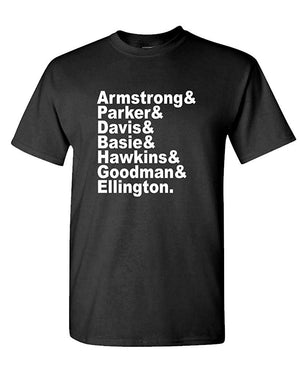 Jazz Musician Names Armstrong Ellington Mens Cotton Black Usa Made T-Shirt