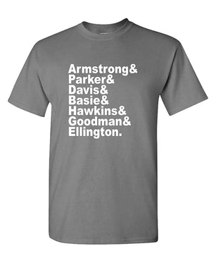 Jazz Musician Names Armstrong Ellington Mens Cotton Charcoal T-Shirt