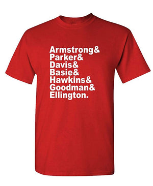 Jazz Musician Names Armstrong Ellington Mens Cotton Red T-Shirt