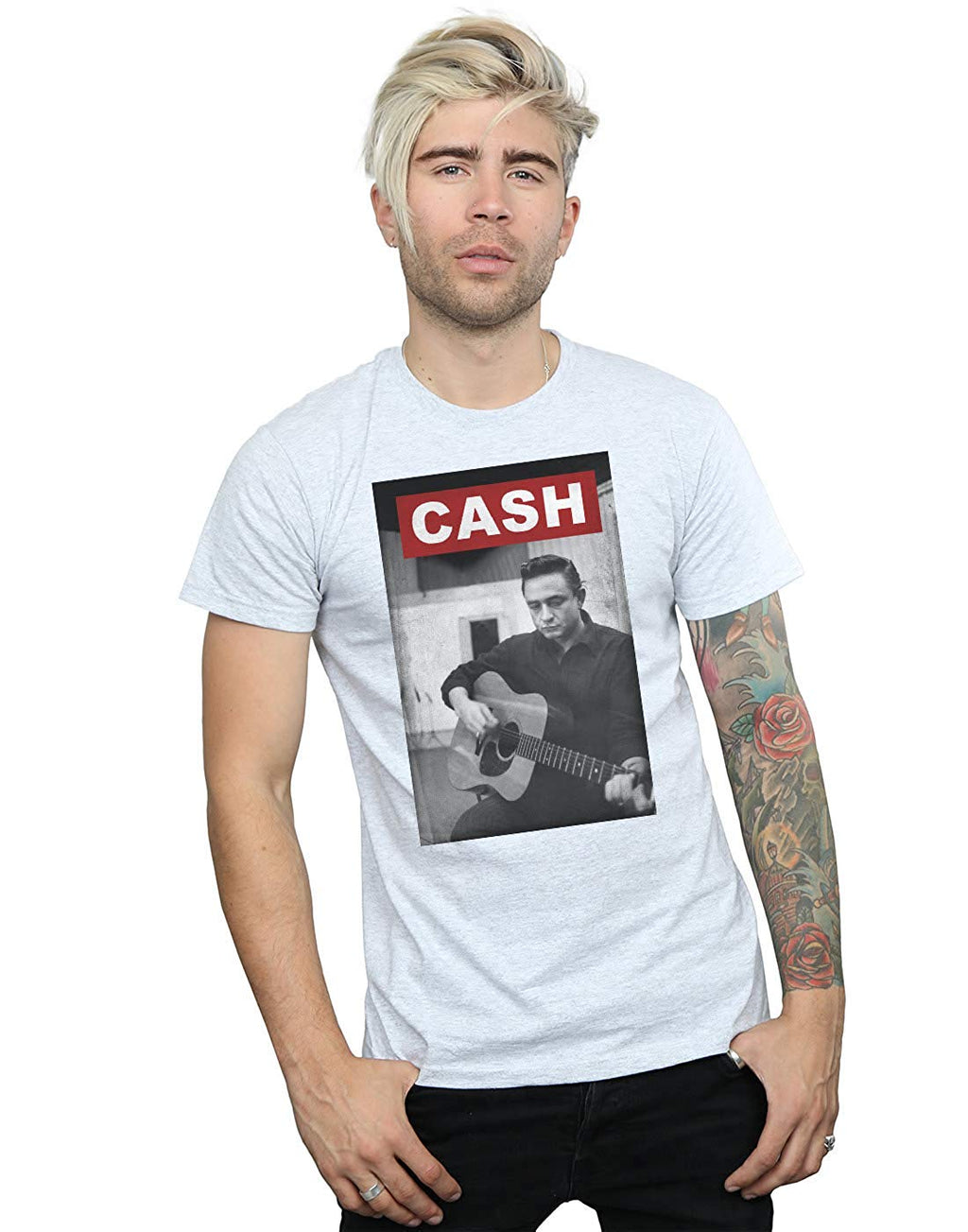 Johnny Cash Men's Guitar Photo Sport Grey T-Shirt
