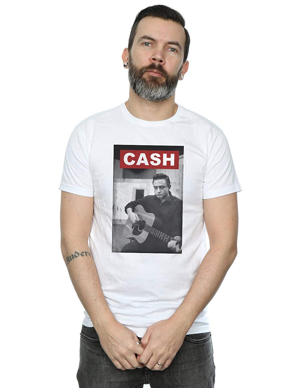 Johnny Cash Men's Guitar Photo White T-Shirt