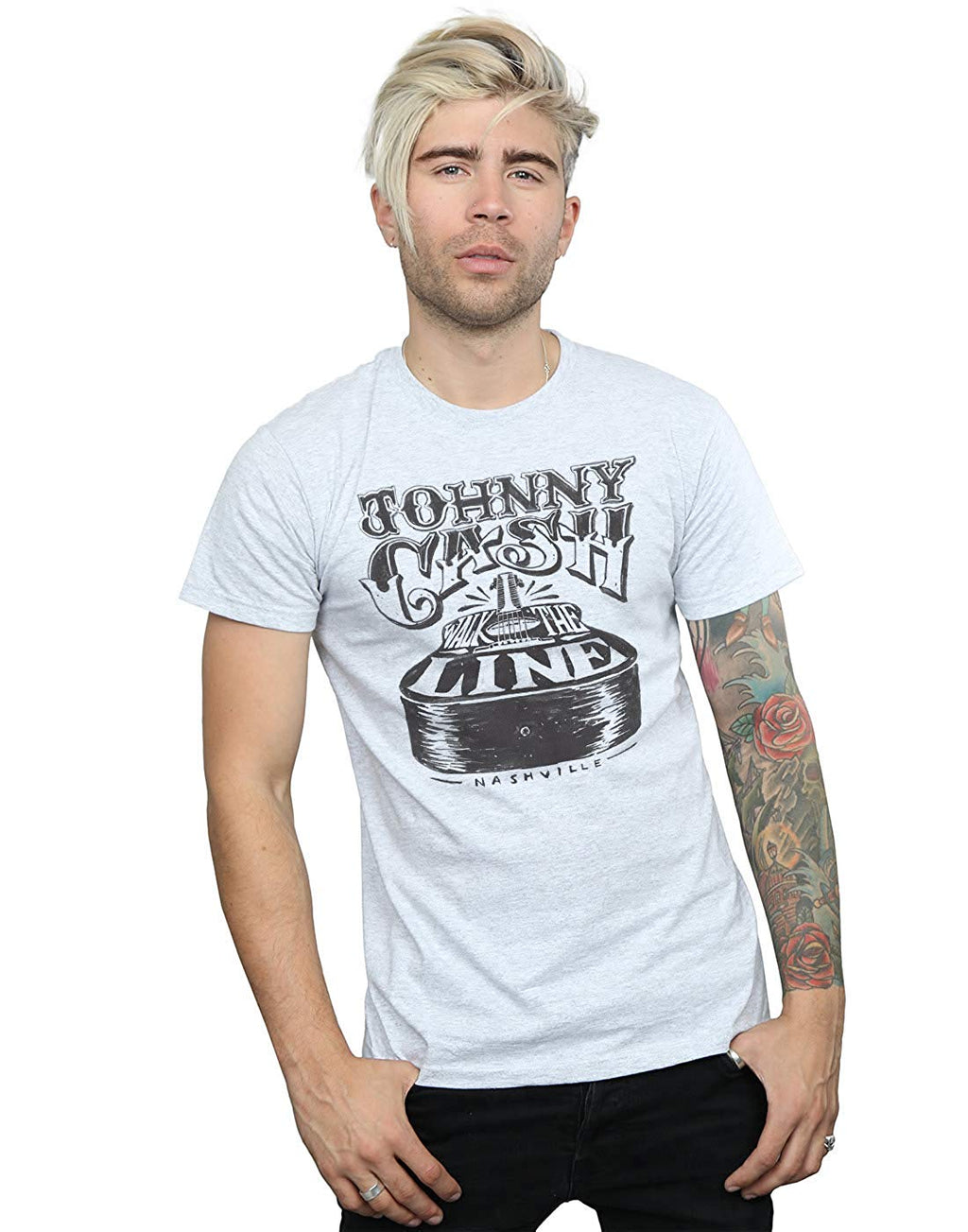 Johnny Cash Men's Nashville Guitar Sport Grey T-Shirt