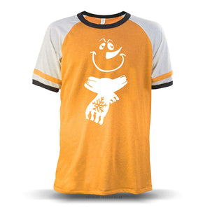 Jolly Snowman with Scarf' Unisex Raglan Orange W/ White Sleeves (Alternative) T-Shirt