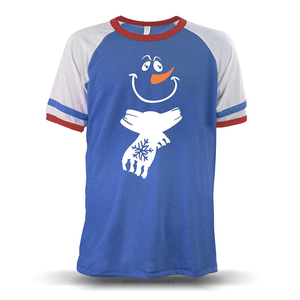 Jolly Snowman with Scarf' Unisex Raglan Royal Blue W/ White Sleeves (Alternative) T-Shirt