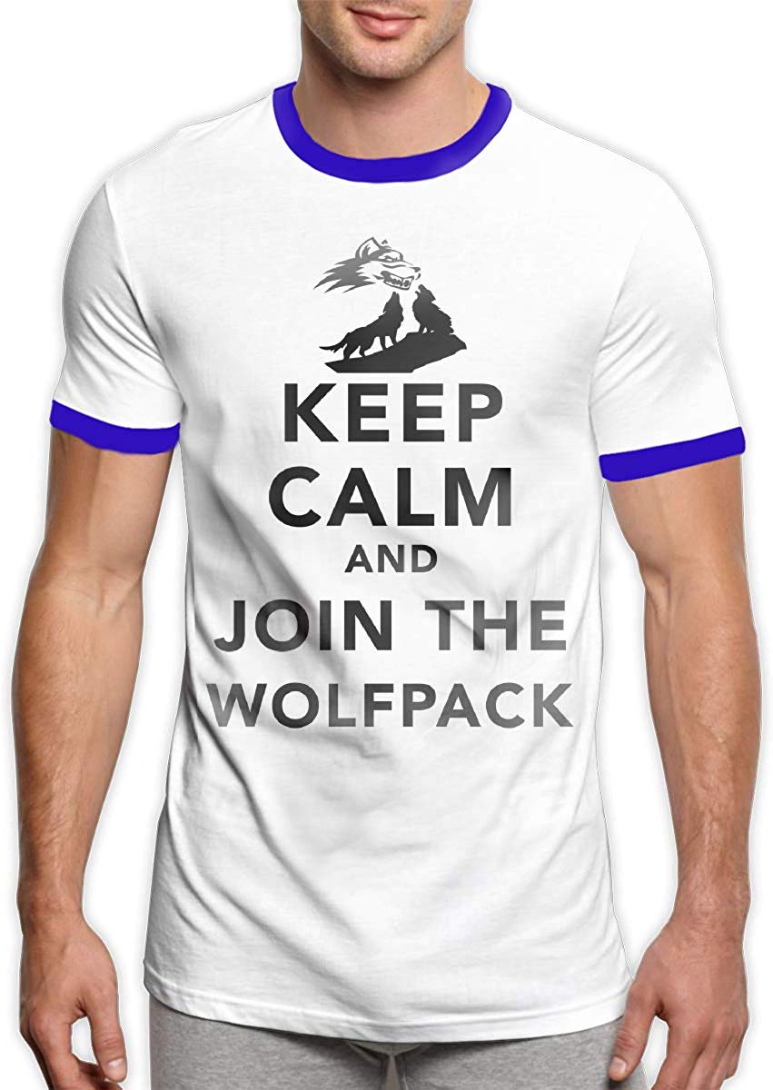 Keep Calm and Join The Wolfpack Men's Short Sleeve Crew Neck Ringer Blue T-Shirt