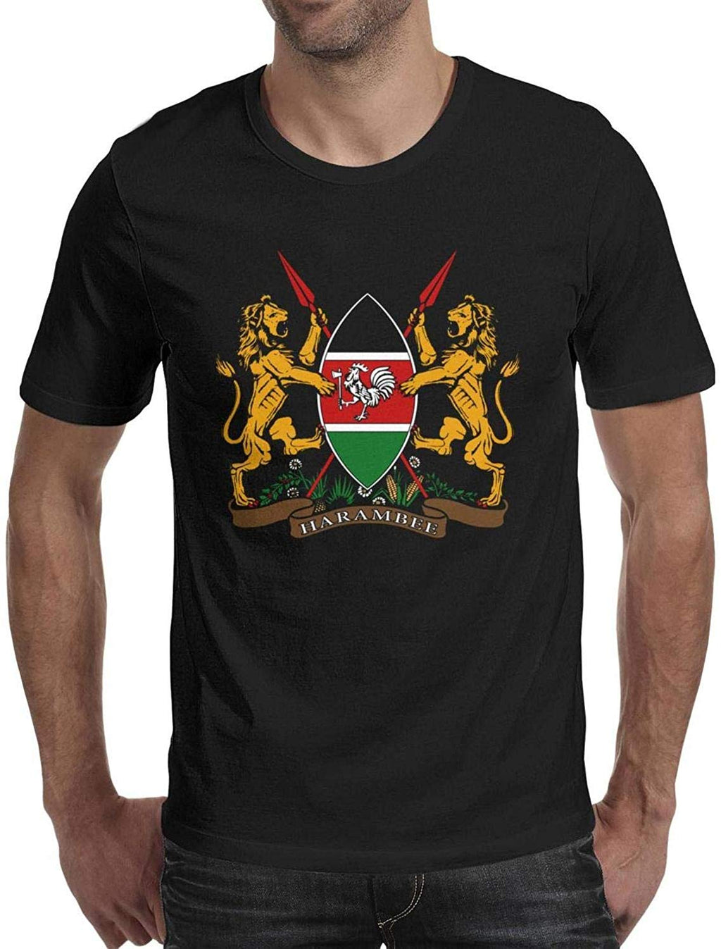 Kenya Coat of Arms Lion Cock Mens Crewneck Design Short Sleeve Black-73 T-Shirt