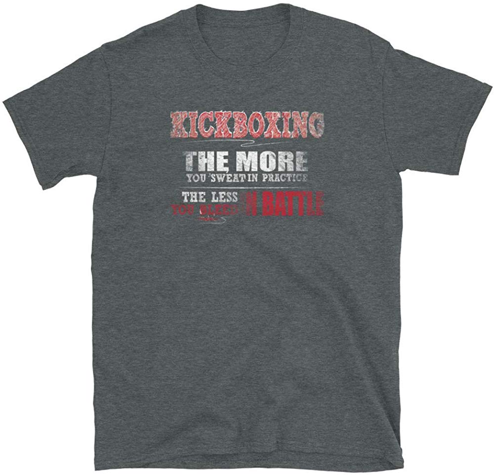 Kickboxing More Sweat in Practice Less Bleed Battle Dark Heather T-Shirt