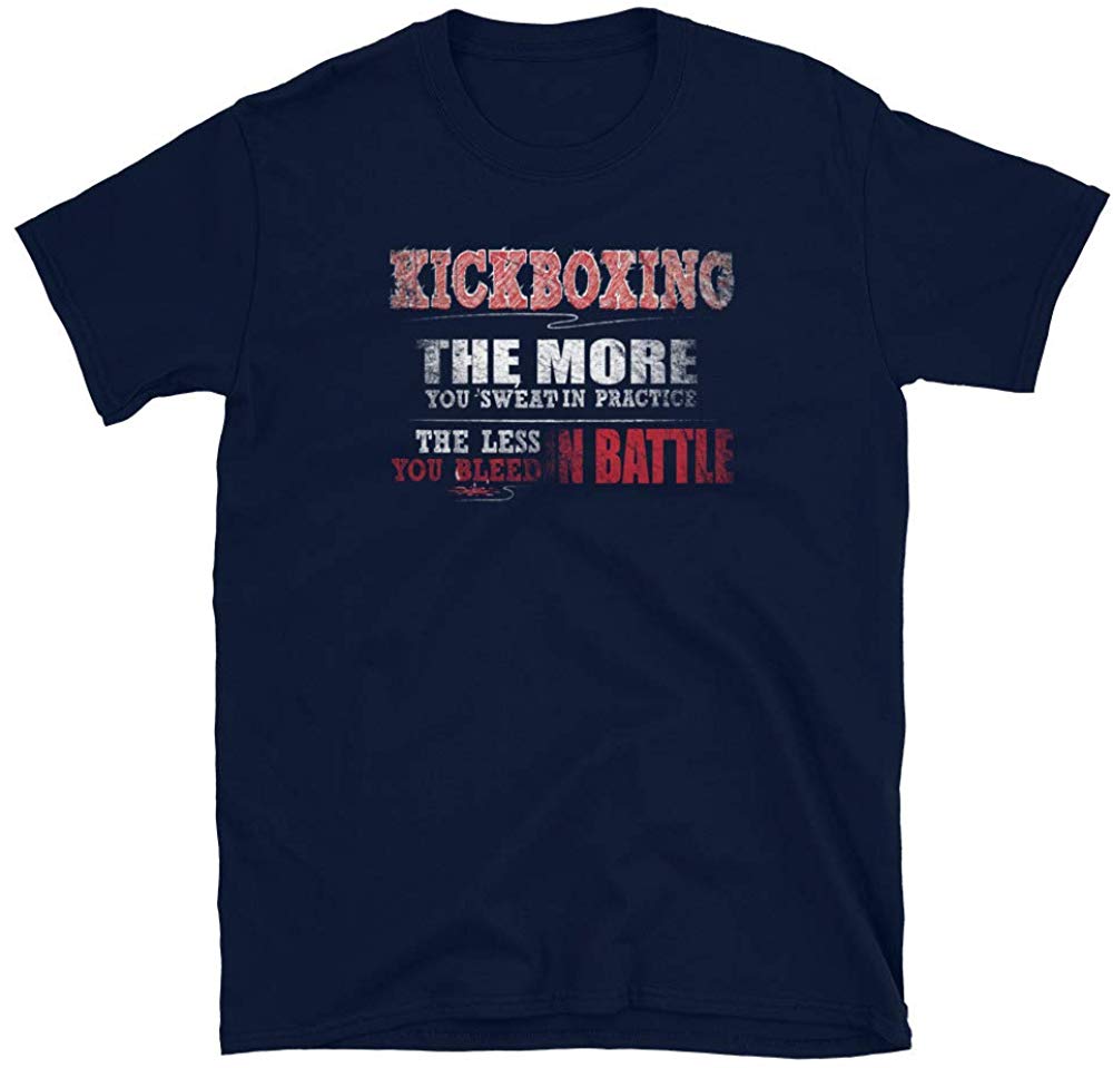 Kickboxing More Sweat in Practice Less Bleed Battle Navy T-Shirt
