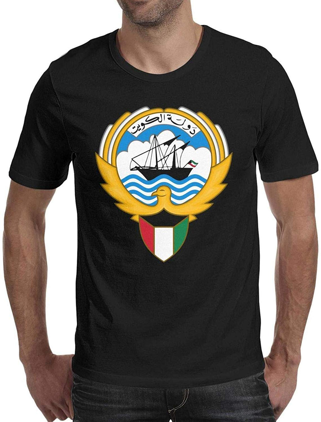 Kuwait Emblem Seagull Boat Flag Men's Crewneck Casual Short Sleeve Black-57 T-Shirt