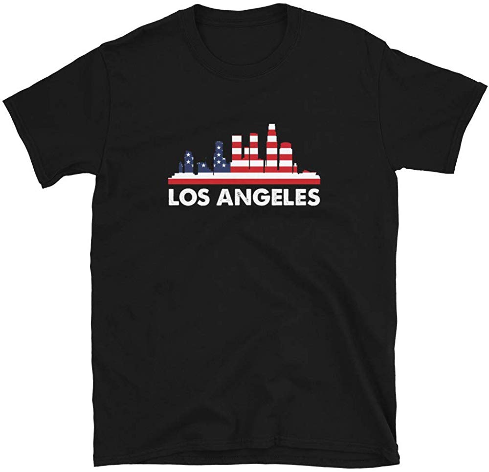 LA City American Flag 4th of July Skyline Black T-Shirt