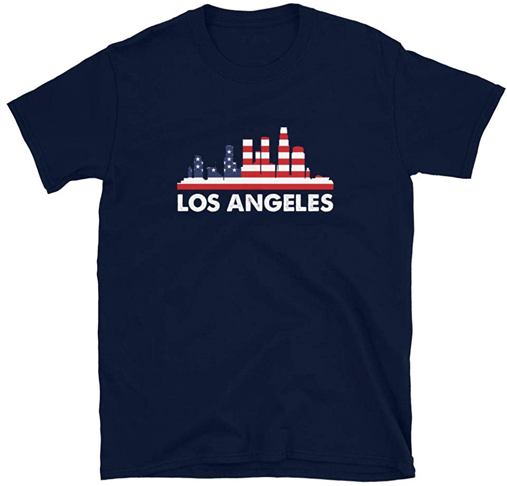 LA City American Flag 4th of July Skyline Navy T-Shirt