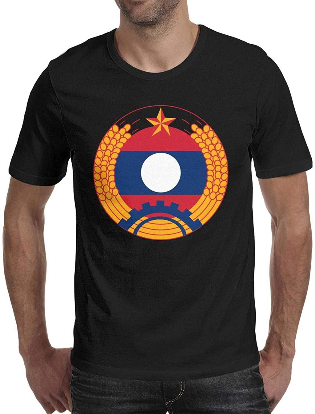 Lao People's Democratic Republic Emblem Men's Crew Neck Pretty Short Sleeve Black-50 T-Shirt