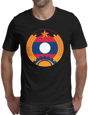 Lao People's Democratic Republic Emblem Men's Crew Neck Pretty Short Sleeve Black-50 T-Shirt