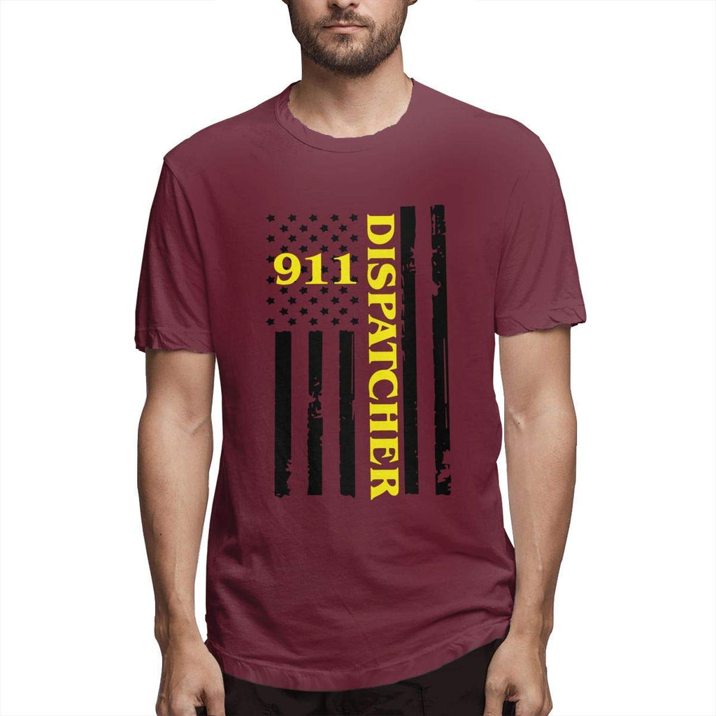 Latest Male Short Sleeve 911 Dispatcher Thin Line Summer Clothes Topsfor Men Burgundy T-Shirt