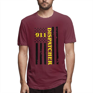 Latest Male Short Sleeve 911 Dispatcher Thin Line Summer Clothes Topsfor Men Burgundy T-Shirt
